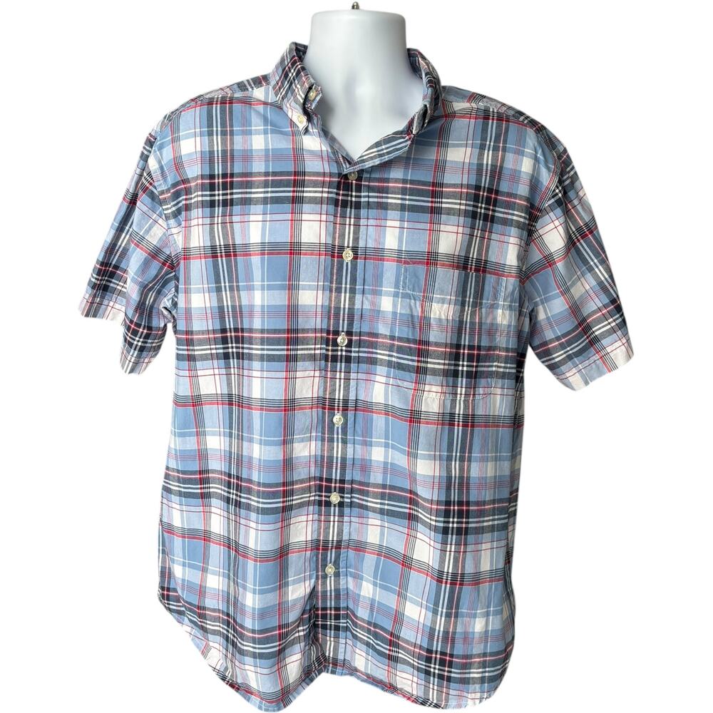 St Johns Bay L Preppy Casual Plaid Shirt Blue Red Relaxed Short Sleeve